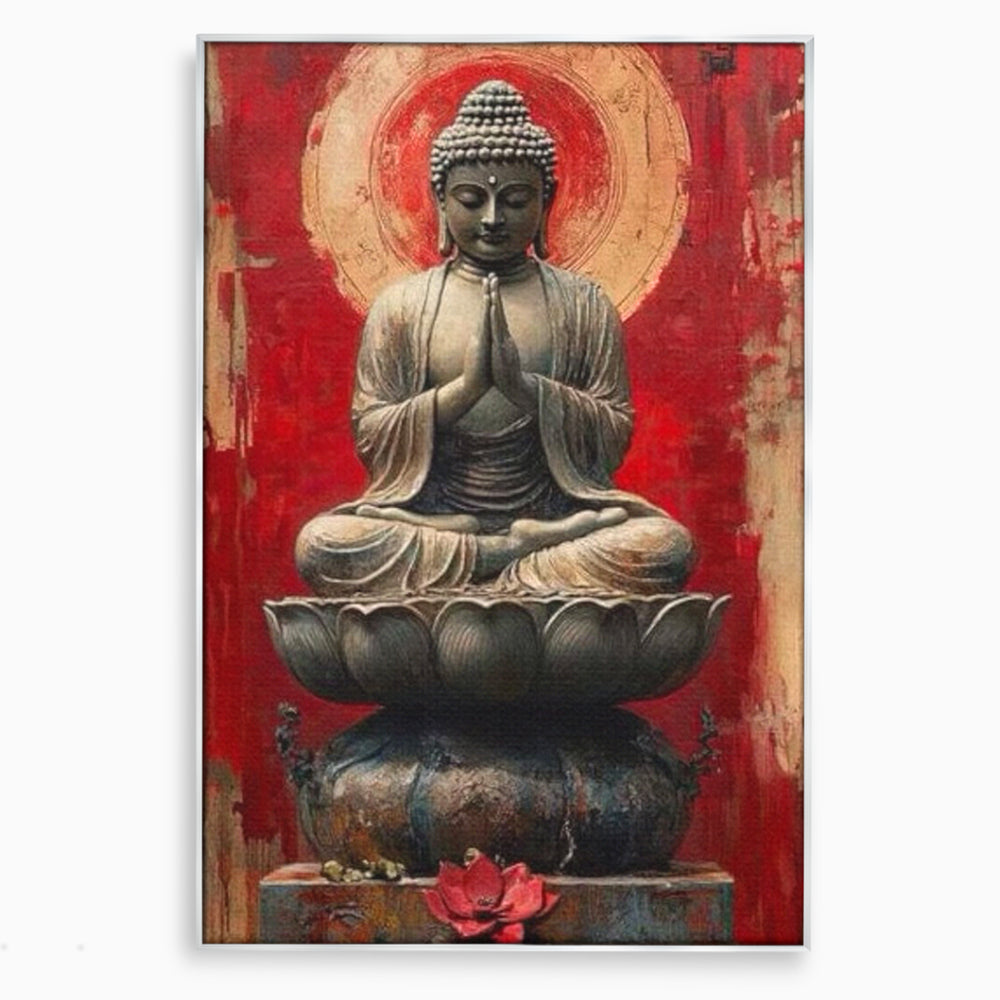 Tablou canvas cu tablou canvas cu statuie buddha pe floare de lotus, in rama de aluminiu argintiu